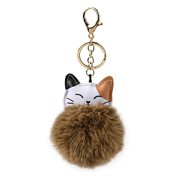 Imitation Rex Rabbit Fur Ball & PU Leather Cat Pendant Keychain, with Alloy Clasp, for Bag Car Pendant Decoration, Sandy Brown, 16cm