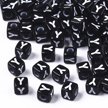 Opaque Acrylic Beads, Horizontal Hole, Alphabet Style, Cube, Black & White, Letter.Y, 5x5x5mm, Hole: 2mm, about 500pcs/50g