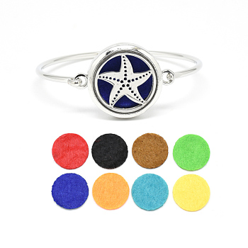 Brass Diffuser Locket Bangles, with Alloy Findings, Starfish/Sea Stars 304 Stainless Steel Findings and Random Single Color Non-Woven Fabric Cabochons Inside, Magnetic, Flat Round, Random Single Color, 2-3/8 inch(60mm)