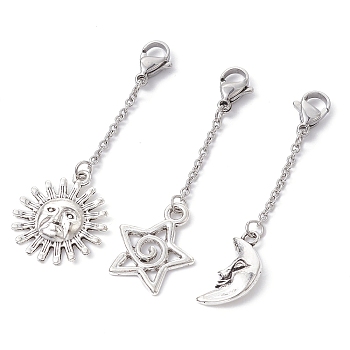 Tibetan Style Alloy Pendant Decoration, with 304 Stainless Steel Lobster Claw Clasps, Sun/Moon/Star, Antique Silver & Stainless Steel Color, 54~57x2mm, 3pcs/set.