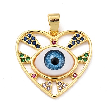 Brass Micro Pave Colorful Cubic Zirconia Pendants, with Resin, Real 18K Gold Plated, Heart with Eye, Light Sky Blue, 24x25.5x6mm, Hole: 6.5x3.5mm