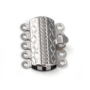 304 Stainless Steel Box Clasps, Multi-Strand Clasps, 5-Strands, 10-Holes, Rectangle with Flower, Stainless Steel Color, 19.5x14x3mm, Hole: 1.4mm