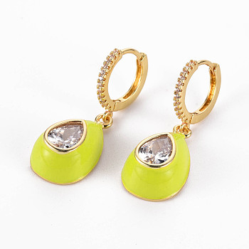 Brass Micro Pave Clear Cubic Zirconia Huggie Hoop Earrings, with Enamel, Nickel Free, Teardrop, Golden, Green Yellow, 33mm, Pin: 1mm