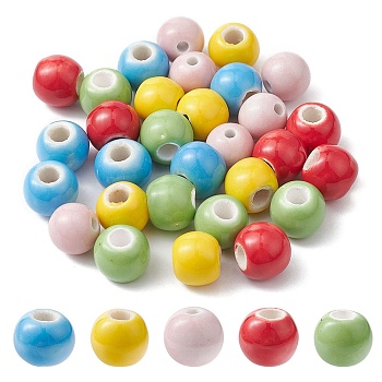 30Pcs 5 Colors Handmade Porcelain Beads, Bright Glazed Porcelain Style, Round, Mixed Color, 7.5~8x7~7.5mm, Hole: 2mm, 6pcs/color