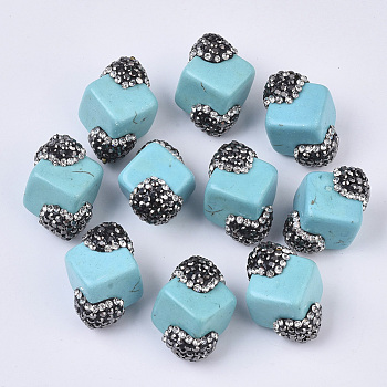 Synthetic Turquoise Beads, with Polymer Clay Rhinestones, Cube, Turquoise, 24.5~25.5x20.5x18mm, Hole: 0.8mm, PP12(1.8~1.9mm)