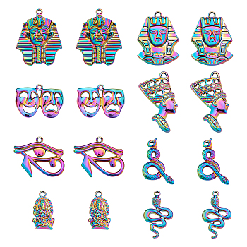 CHGCRAFT 16Pcs 8 Style Plated Alloy Pendants, Cadmium Free & Lead Free, for Religion, Snake & Drama Mask & Pharaoh, Rainbow Color, 22.5~39x14~31x2~8mm, Hole: 1.8~2.5mm, 2pcs/style