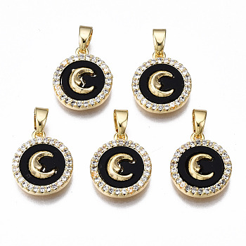 Brass Micro Pave Clear Cubic Zirconia Charms, with Enamel, Nickel Free, Flat Round with Moon, Real 18K Gold Plated, Black, 14x12x3mm, Hole: 2.5x4.5mm