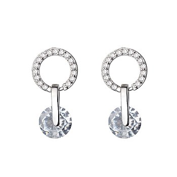 Brass Stud Earrings, Ring with Crystal Rhinestone, Platinum, 18.5x9.5x2mm, Pin: 0.9mm