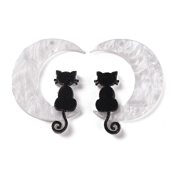 Halloween Printed Acrylic Pendants, Moon with Cat Charm, Left and Right, White, 35.5x26x2mm, Hole: 1.5mm, 2pcs/set