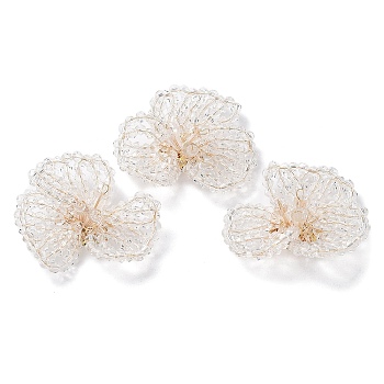 Glass Beaded Cabochons, Cluster Beads, with Golden Plated Brass Perforated Disc Settings, Flower, Clear, 14x40x34mm