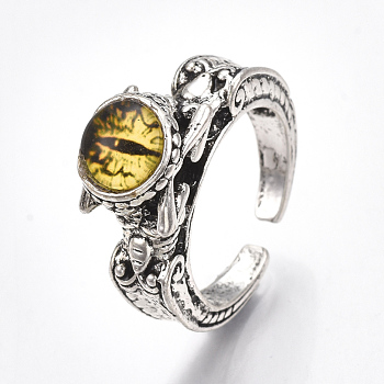 Alloy Cuff Finger Rings, with Glass, Wide Band Rings, Dragon Eye, Antique Silver, Yellow, US Size 8 1/2(18.5mm)