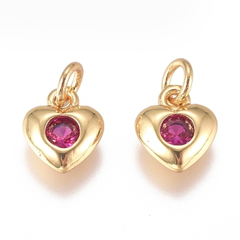 Brass Micro Pave Cubic Zirconia Charms, with Jump Ring, Long-Lasting Plated, Heart, Golden, Hot Pink, 8x6.5x2mm, Hole: 3mm