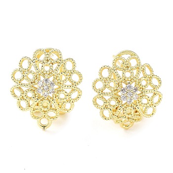 Flower Brass Micro Pave Cubic Zirconia Stud Earrings Finding, with Horizontal Loops, Cadmium Free & Lead Free, Real 18K Gold Plated, 16x15mm, Hole: 1.2mm, Pin: 0.8mm