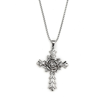 201 Stainless Steel Chain, Zinc Alloy Pendant Necklaces, Cross, Antique Silver & Stainless Steel Color, 23.43 inch(59.5cm)