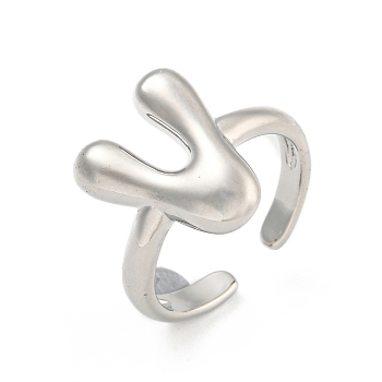 Brass Letter Open Cuff Rings for Women, Adjustable, Platinum, Letter V, 15~16.5x7~16.5mm