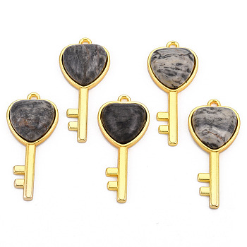 Natural Map Stone/Picasso Stone/Picasso Jasper Pendants, with Light Gold Plated Brass Findings, Key with Heart Charm, 38x17x6.5~7mm, Hole: 1.8mm