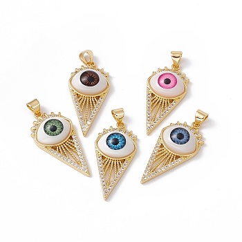 Rack Plating Brass Micro Pave Cubic Zirconia Pendants, with Resin, Cadmium Free & Nickel Free & Lead Free, Real 18K Gold Plated, Cone with Evil Eye, Mixed Color, 32x15x6.5mm, Hole: 3x4mm