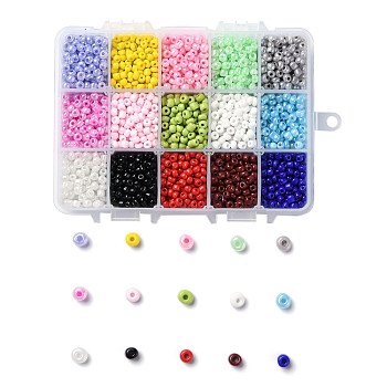 375G 15 Colors Glass Seed Beads, Opaque Colours, Round, Mixed Color, 6/0, 4~5x2.5~4.5mm, Hole: 1.2~1.5mm, 25g/color