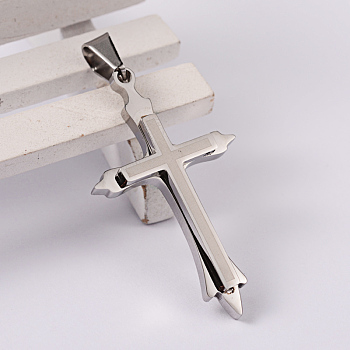 Cross 304 Stainless Steel Surface Pendants, Stainless Steel Color, 44x25.5x5mm, Hole: 5x9mm