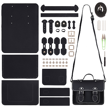 DIY Imitation Leather Satchel Making Kits, including Fabrics, Adjustable Shoulder Straps, Threads, Needles, Scissor, Screwdriver, Buckles, Black