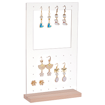Transparent Acrylic Vertical Earring Display Stands with Wooden Base, Desktop Jewelry Organizer Holder for Earring Storage, Rectangle Pattern, Finish Product: 15x5x25.5cm