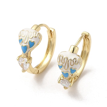 Real 18K Gold Plated Brass Heart Hoop Earrings, with Enamel and Glass, White, 19x9mm