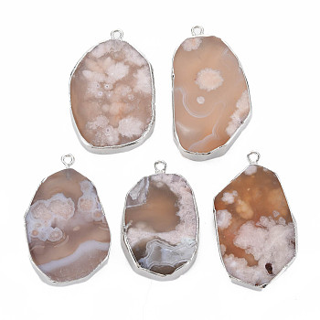Natural Cherry Blossom Agate Pendants, with Light Gold Plated Iron Findings, Dyed & Heated, Nuggets, BurlyWood, 46~57x29.5~35x6~7mm, Hole: 2mm