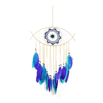 Iron Woven Web/Net with Feather Pendant Decorations, with Wood and Plastic Beads, Covered with Lint and Cotton Cord, Evil Eye, Deep Sky Blue, 675mm