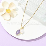 Natural Lepidolite Faceted Horse Eye & Natural Pearl Pendant 304 Stainless Steel Satellite Chain Necklaces for Women, Golden, 17.72 inch(45cm)(NJEW-JN06057-02)