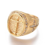 Ion Plating(IP) 304 Stainless Steel Finger Rings, with Rhinestone, For Easter, Crucifix Cross, Golden, Size 8~13, 18~22mm(RJEW-E162-02G)