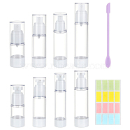 Elite 8Pcs 8 Style Plastic Portable Refillable Airless Pump Bottles, Vacuum Press Container, Travel Lotion Bottle, with 1 Sheet Sticker & 1Pc Spoon, Mixed Color, 9.75~15.4x3.3~4.1cm, Cpacity: 15~80ml(0.51~2.71fl. oz)(AJEW-PH0011-42)