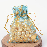 Rose Printed Organza Bags, Gift Bags, Rectangle, Light Sky Blue, 9x7cm(OP-R021-7x9-02)