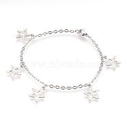 304 Stainless Steel Charm Bracelets, with Lobster Claw Clasps, Star, Stainless Steel Color, 8-1/8 inch(20.5cm), 2mm, Star: 14.5x12.5x0.7mm(BJEW-G596-13P)