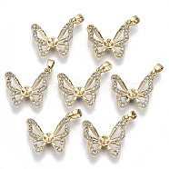 Brass Micro Pave Cubic Zirconia Peg Bails Pendants, for Half Drilled Bead, Nickel Free, Butterfly, Real 18K Gold Plated, Clear, 16x19x3mm, Hole: 2x4mm, pin: 0.7mm(for half drilled beads)(KK-R112-088-NF)