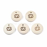 Laser Out Wood Pendants, Flat Round with 12 Constellations, Undyed, Cancer, 15x4mm, Hole: 1.6mm(WOOD-S053-51G)