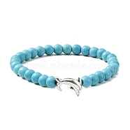 Tibetan Style Alloy Dolphin & Synthetic Turquoise Round Beaded Stretch Bracelet, Sky Blue, Inner Diameter: 2 inch(5cm)(BJEW-JB09895-02)