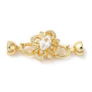 Rack Plating Brass Pave Clear Cubic Zirconia Fold Over Clasps, Cadmium Free & Lead Free, Long-Lasting Plated, Flower, Golden, Flower: 15x15x10mm, Clasp: 15x7x7mm, Inner Diameter: 5.5mm(KK-E084-13G)