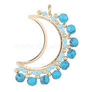 Synthetic Turquoise Dyed Faceted Round Pendants, Brass Open Back Bezel Moon Charms with Glass Seed Beads, Golden, 32x23x3.5mm, Hole: 3.4mm(PALLOY-MZ00169-03)
