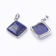 Natural Lapis Lazuli Pendants, with Brass Findings, Rhombus, Platinum, 25x29x7mm, Hole: 5x7mm, 18x18mm(X-G-E420-05P)