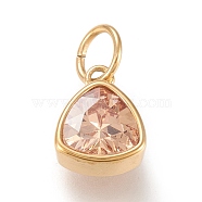 Vacuum Plating 304 Stainless Steel Cubic Zirconia Pendant, Triangle, Golden, PeachPuff, 12.5x9.5x5mm, Hole: 5mm(ZIRC-P080-A08)