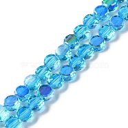 Transparent Electroplate Glass Beads Strands, AB Color, Faceted Flat Round, Deep Sky Blue, 6x3mm, Hole: 1.2mm, about 98~100pcs/strand, 20.08''~20.87''(51~53cm)(GLAA-Q099-I01-02)
