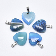 Natural Banded Agate/Striped Agate Pendants, Dyed, with Stainless Steel Snap On Bails, Heart, Stainless Steel Color, Sky Blue, 22~24x20~21x5~7mm, Hole: 3~4x7~8.5mm(G-T122-24G)