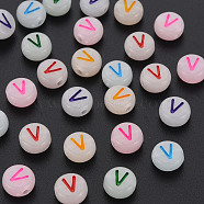 Acrylic Beads, Glow in the Dark, with Enamel and Luminous, Horizontal Hole, Flat Round with Alphabet, Letter.V, 6.5x7x4mm, Hole: 1.6mm, about 3600pcs/500g(MACR-N008-58V)