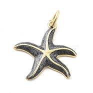 Brass Enamel Pendants, with Jump Ring, Real 18K Gold Plated, Starfish Charm, Black, 18x18x2.5mm, Hole: 3mm(KK-Q029-04G-02)