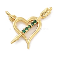 Rack Plating Brass Micro Pave Cubic Zirconia Pendants, Long-Lasting Plated, Lead Free & Cadmium Free, Heart with Arrow, Green, 16.5x24x2.5mm, Hole: 3mm(KK-Z071-88G-02)