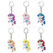 6Pcs 6 Colors Cartoon Unicorn PVC Plastic Keychain, with Iron Split Key Rings, Mixed Color, 116mm, 1pc/color(KEYC-JKC00664)