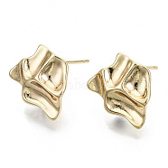 Brass Stud Earring Findings, with Loop, Nickel Free, Twist, Real 18K Gold Plated, 12x15mm, Hole: 1mm, Pin: 0.7mm(KK-N232-116-NF)