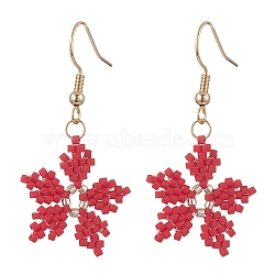 Glass Seed Braided Snowflake Dangle Earrings, Golden 304 Stainless Steel Wire Wrap Christmas Earrings for Women, Red, 42mm, Pin: 0.7mm(EJEW-MZ00069-01)