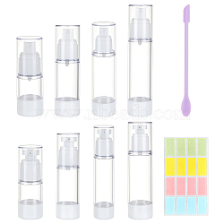 PandaHall Elite 8Pcs 8 Style Plastic Portable Refillable Airless Pump Bottles, Vacuum Press Container, Travel Lotion Bottle, with 1 Sheet Sticker & 1Pc Spoon, Mixed Color, 9.75~15.4x3.3~4.1cm, Cpacity: 15~80ml(0.51~2.71fl. oz)(AJEW-PH0011-42)