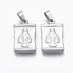 Non-Tarnish 304 Stainless Steel Pendants, Rectangle with Virgin Mary & Cross, Stainless Steel Color, 24x15x3.5mm, Hole: 4x6mm(X-STAS-R112-002)